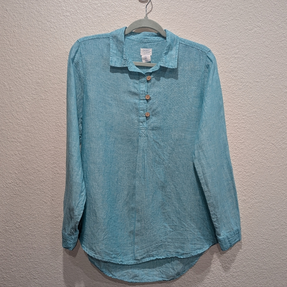 Sigrid Olsen 100% Linen Coastal‎ Button Pullover Blouse Size Small Blue Natural